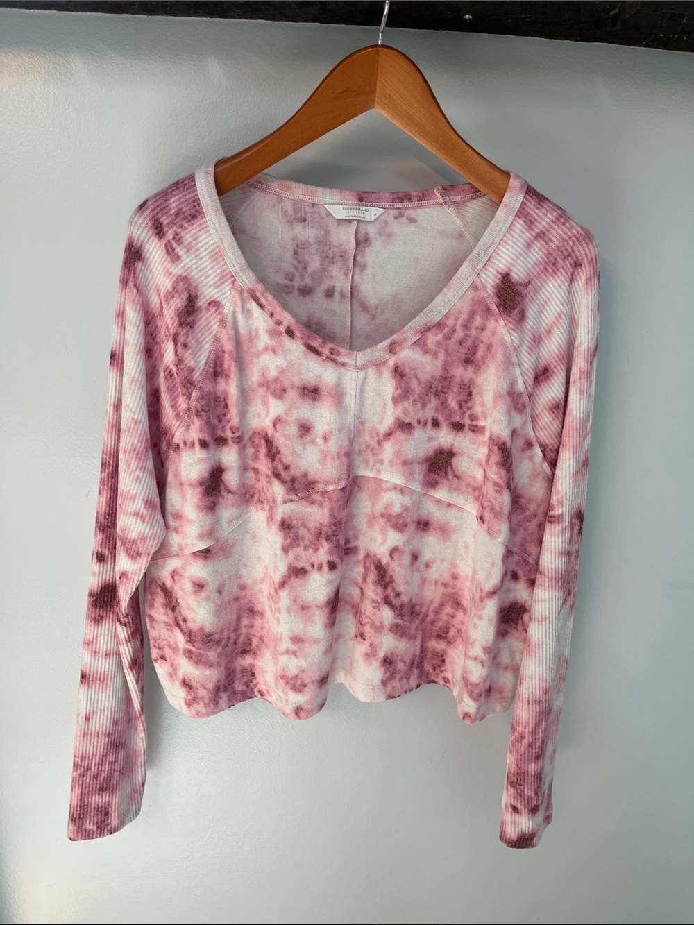 Lucky Brand Pink Tie-Dye V-Neck Long Sleeve Top